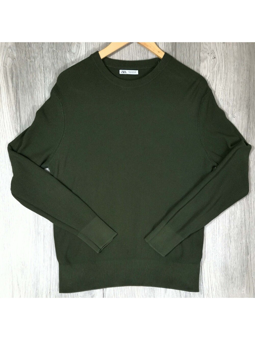 Zara Knit Crewneck Sweater Olive Green Men’s Small Waffle Rib Bulgaria #14